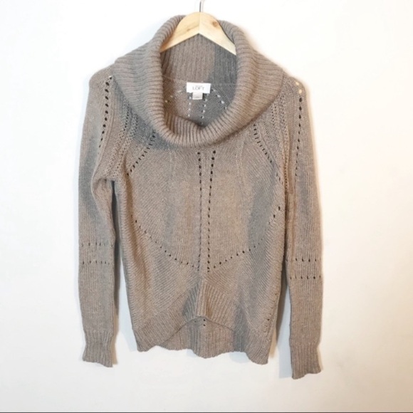 LOFT Cowl Neck Wool Blend Sweater Taupe - Picture 2 of 7